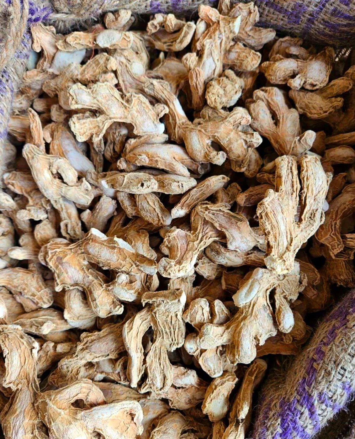 Dry ginger packed in jute export sacks at the MKB Enterprises facility