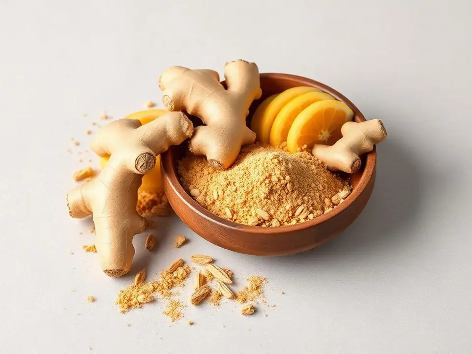 Ginger Dried ginger rhizomes with ginger powder in a bowl